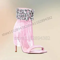 Crystal Decor Pink Tassels Open Toe Sandals Boots Slip On Women Shoes Thin High Heels Fashion Banquet 2023 Zapatos Para Mujere