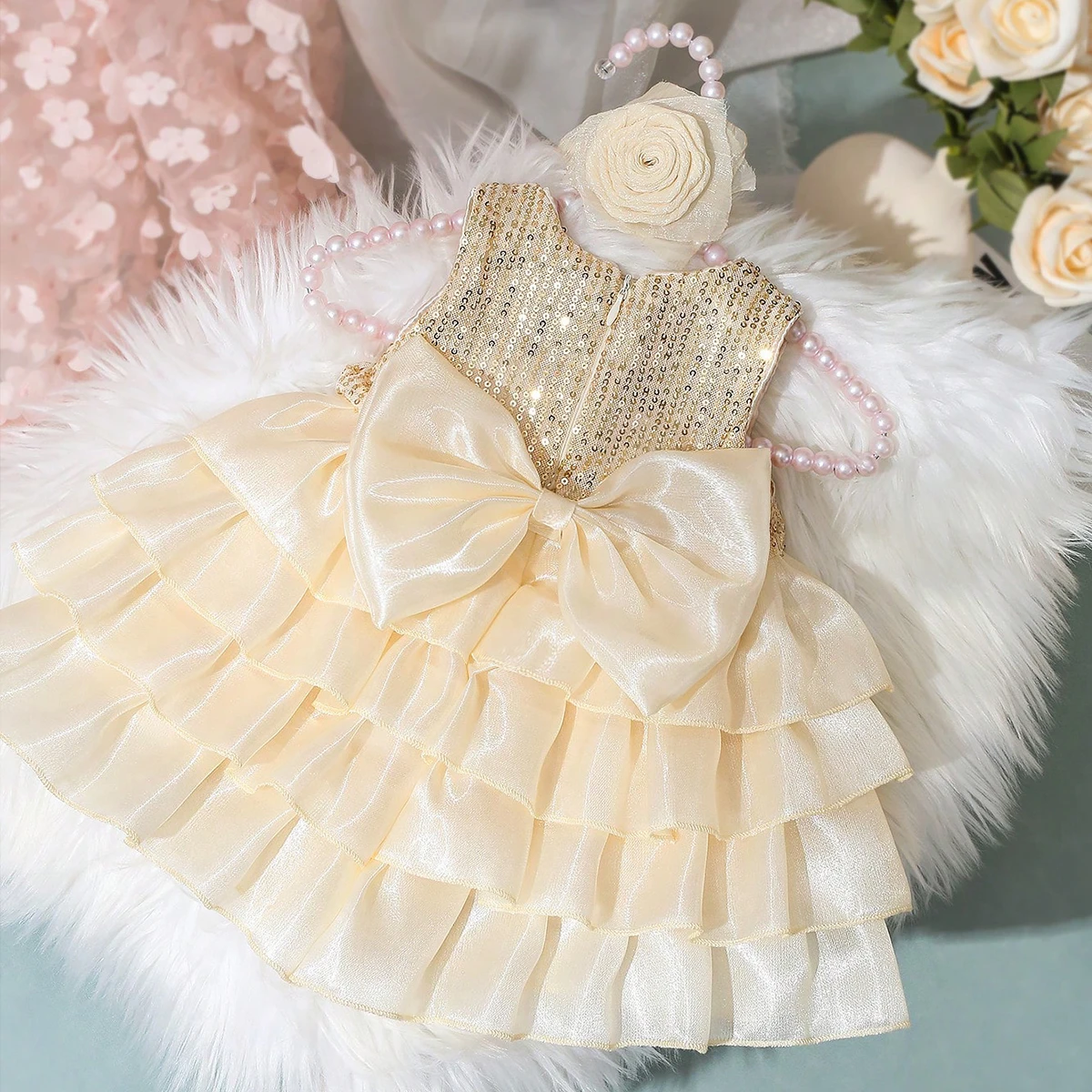 فستان حفلات للفتيات حديثي الولادة من Ylsteed لالتقاط الصور فستان توتو لامع مع عصابة رأس على شكل زهور وردية للتصوير الفوتوغرافي للفتيات الصغيرات O #4