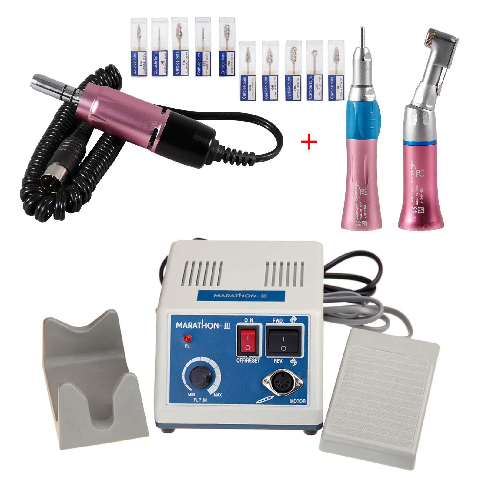 

Marathon Dental Lab 35K rpm Electric Micromotor N3 Machine/ Contra Angle /Straight Handpiece/10pcs Tungsten Carbide Steel Drills