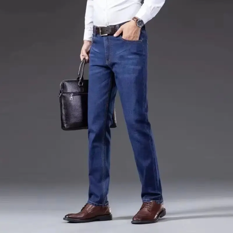 

Мужские мягкие прямые джинсовые брюки, осень 202, классические деловые черные байкерские джинсы, комбинезоны Masculino