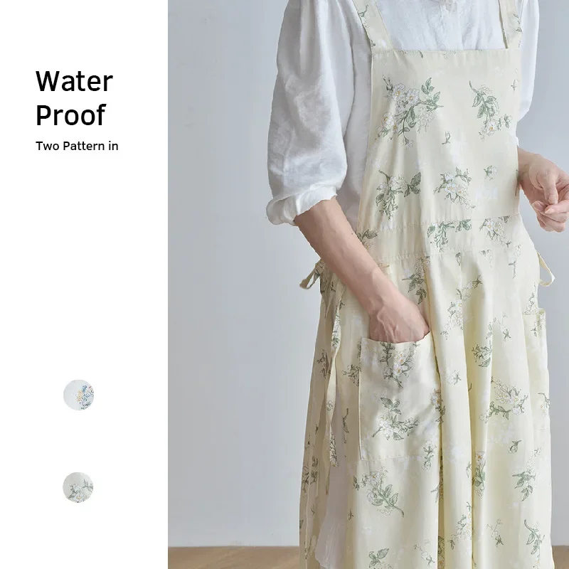 Cotton Apron Kitchen Household Women's Overalls Antifouling Waterproof Do Housework Korean Printed Pinafore Florist Coffee Shop