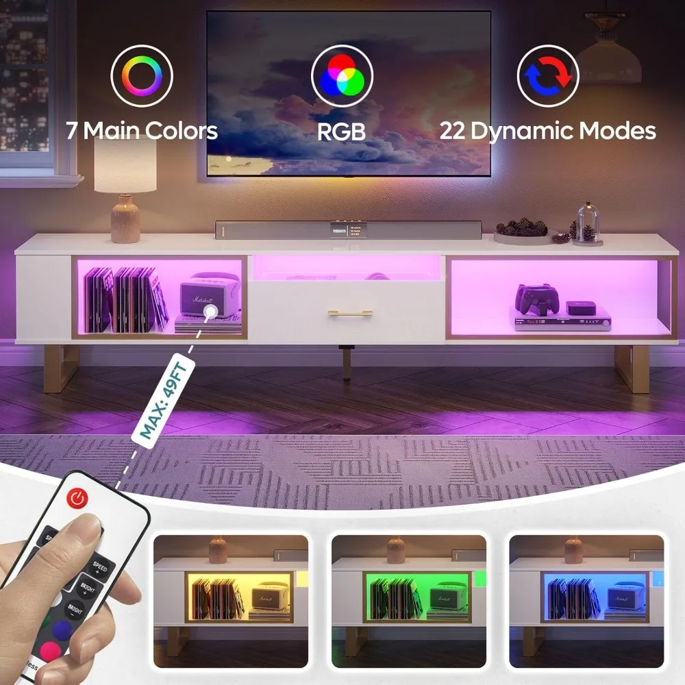 Suporte de TV de 80 polegadas para TVs de 65/75/85/90 polegadas, centro de entretenimento para jogos LED com armazenamento aberto e gaveta de design de meio vidro, modo