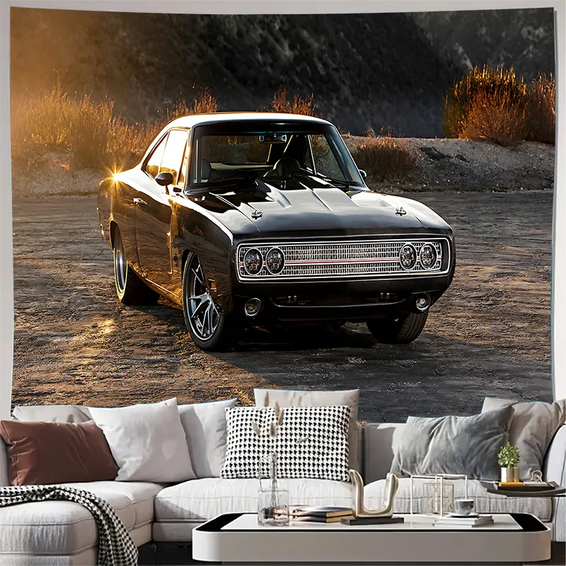 Classic Black Muscle Car Desert Sunset Wall Tapestry Machine Washable All Season Decor Art Print Vintage Design Home non-toxic