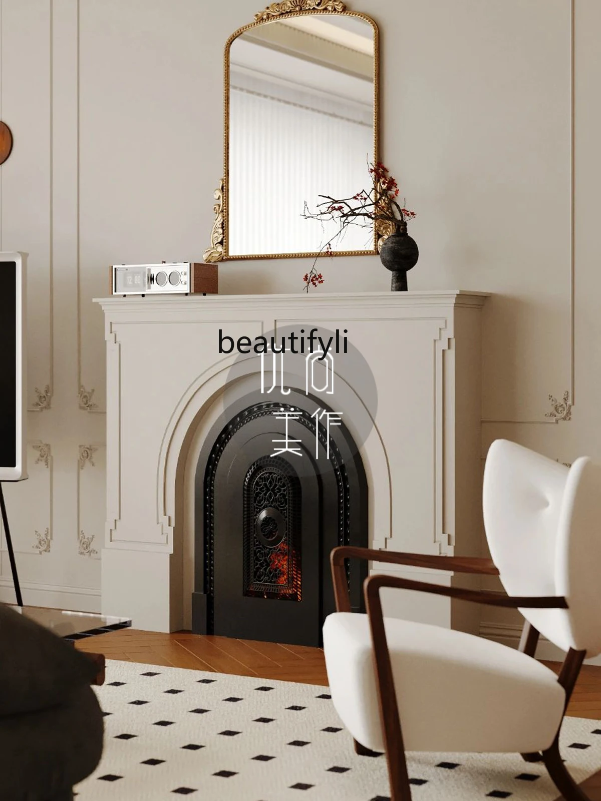 French solid wood fireplace decorative cabinet real home villa living room, simulated fire, entrance fireplace cabinet