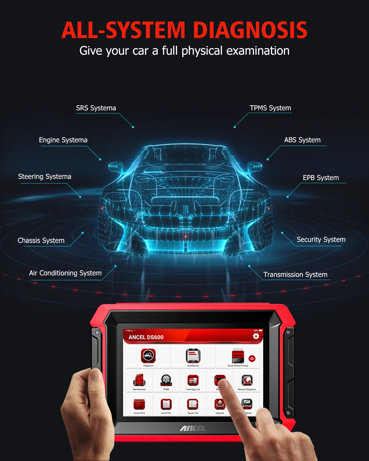 Ancel DS600 OBD2 Scanner All System ECU Coding DPF TPMS IMMO AF Adjustment OBD2 Bi-directional Control Car Diagnostic Tool