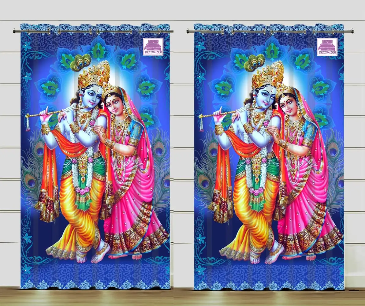 

3D God Radha Krishan Digital Printed Short Curtain, Half-Curtain for Kitchen Door Drape, Cafe Small Window