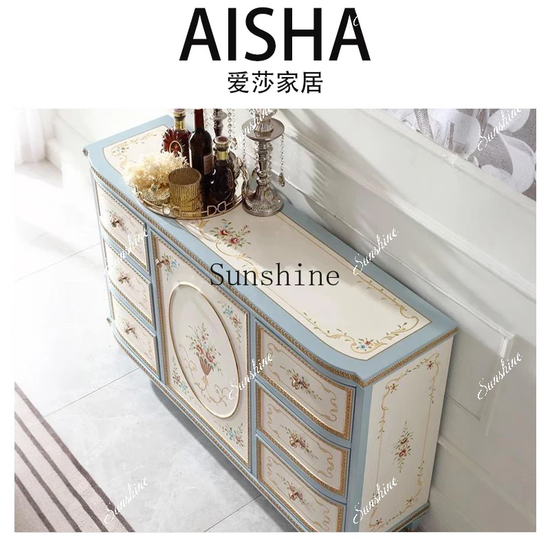 

French retro solid wood dining side cabinet, painted storage foyer of palace villa, entrance entrance storage FT