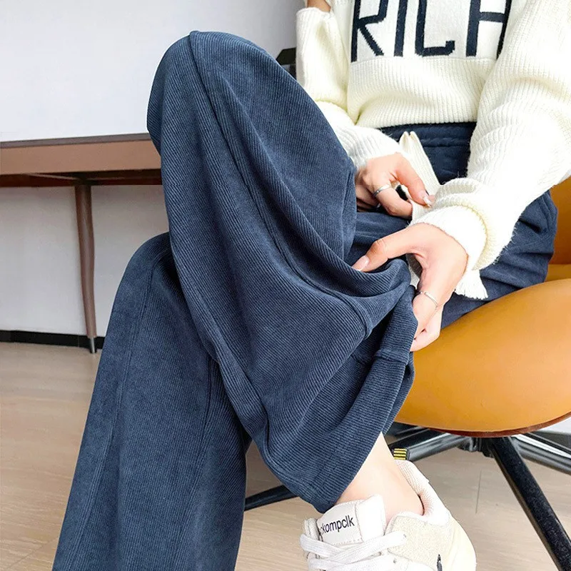 

Vintage Fleece Corduroy Trousers Women Elastic Waist Streetwear Oversize Baggy Wide Leg Trousers Female Thicken Draping Pants