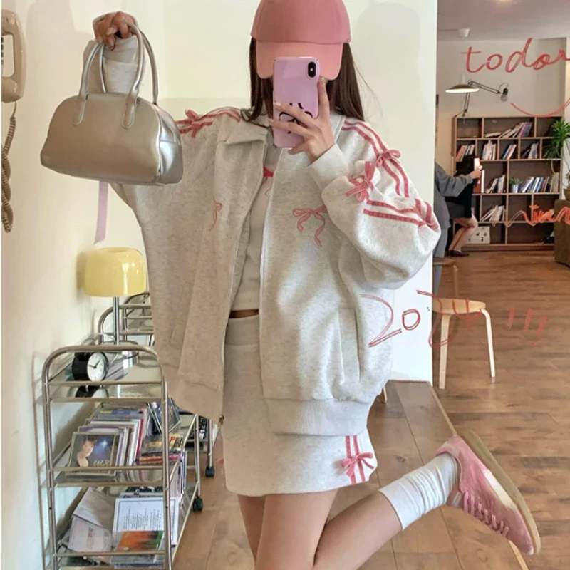 2 Piece Skirt Sets Female Y2k Clothing Zipper Bow Sweet Korean Fashion Hoodie Suits Women Studentseven Party Outwear 2024