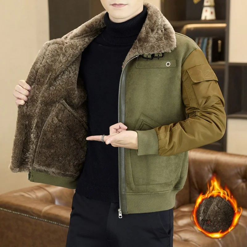 

Thiened Flap Collar Warm Autumn Winter High Quali Men Casual Plu Leather Jaet Loose Outerwear ort Sve Polyester ...