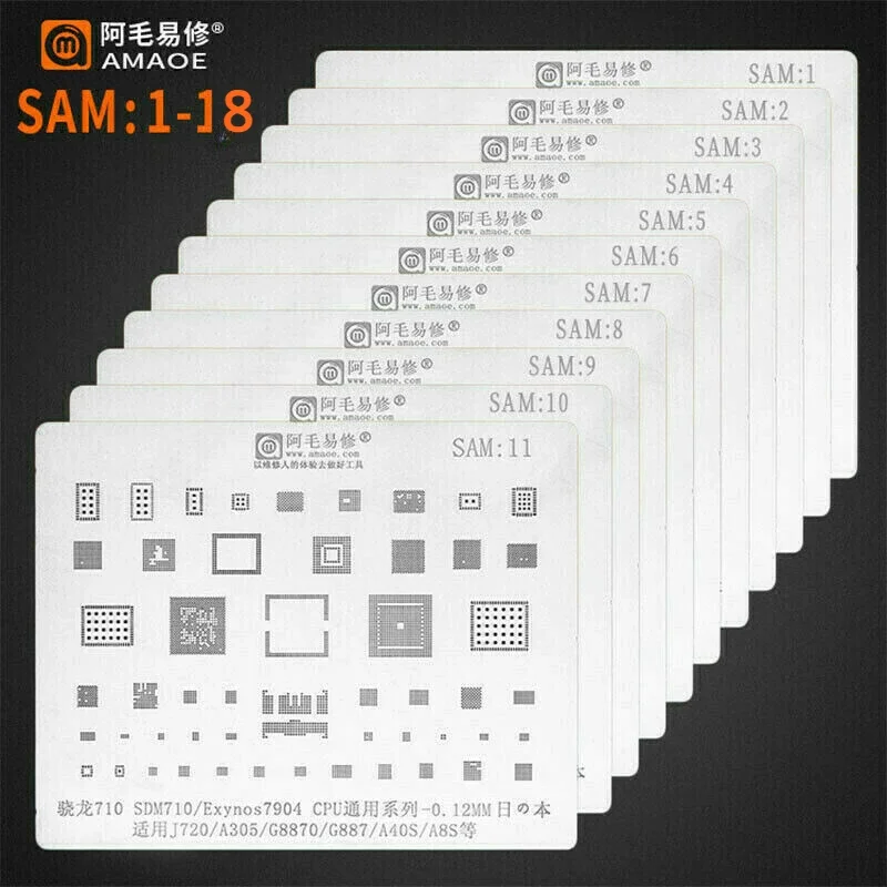 

Amaoe SAM1-18 BGA Reball Stencil For Samsung All Series A S Note J Full Range Exynos CPU POWER PA WIFI Charger IC Tin Net Repair