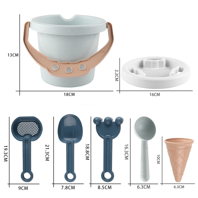 9 elementów zestawu zabawek plażowych: wiaderko, filtr, akcesoria do domowej lodów, możliwość robienia lodowych kulek, idealne na podróże plażowe.