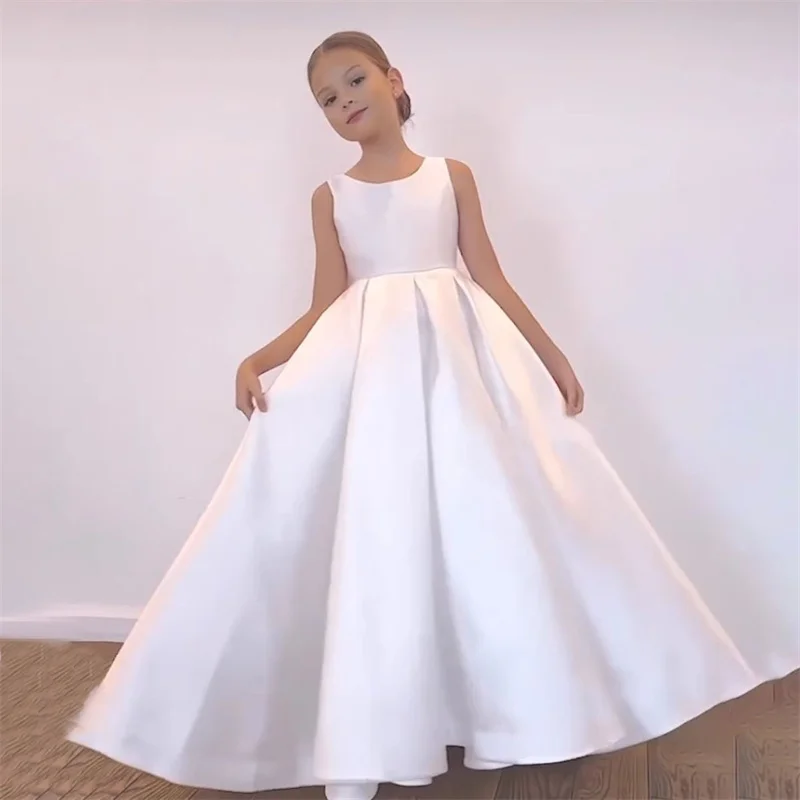 Baby Kids Princess Satin Bow Girl Dress Children First Communion Dress Ball Gown Wedding Party Dress Birthday Show Floor Length