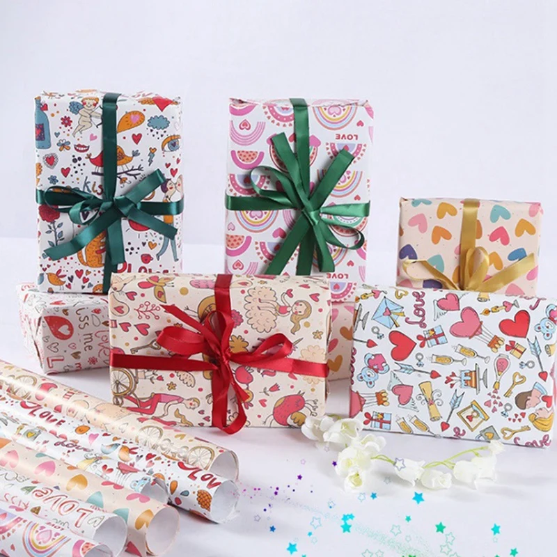 Conjunto de 6 folhas de papel de embrulho para presente, coração do dia dos namorados, papel de embrulho vermelho fofo para presente diy, 70cm x 50cm