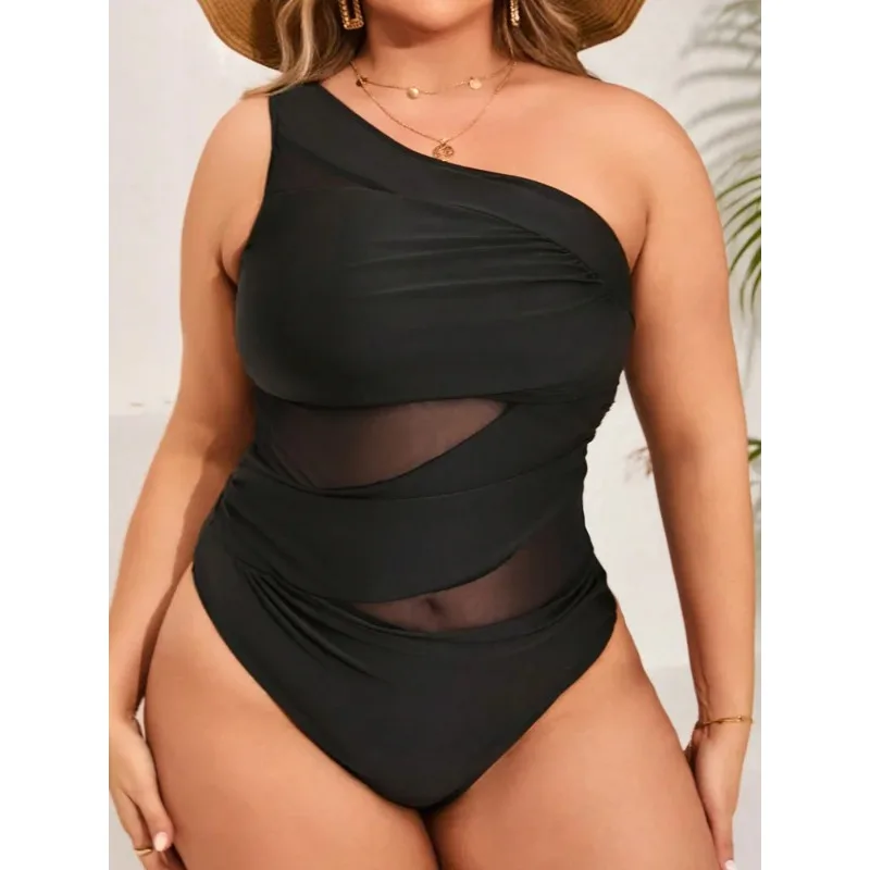 Plus Size Ladies One Piece Mesh Bandage Bikini Swimwear One Shoulder Push Up Monokini Swimsuit Bathing Suit XL XXL Beachwear Red