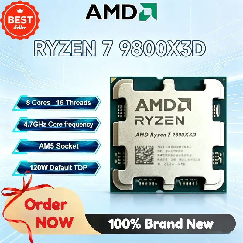 100% Novo AMD Ryzen 7 9800X3D 8 Núcleos 16 Threads 4.7GHz R7 9800X3D DDR5 Socket AM5 4NM L3=96M Processador 120W