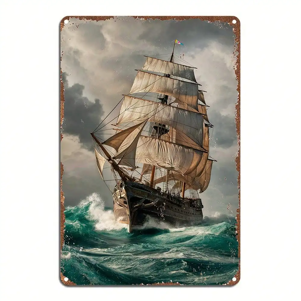 Vintage Tin Wall Art Nautical Sailing Ship Metal Sign Retro Home Decor Easy Mount