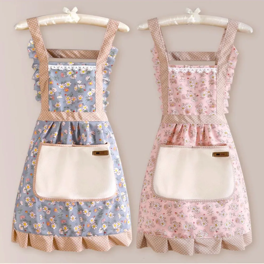 Women Princess Floral Kitchen Apron Hand-Wipe Pocket Oil-Proof Ruffle Back Tie Large Pocket Cooking Bib for Home Restaurant Use
