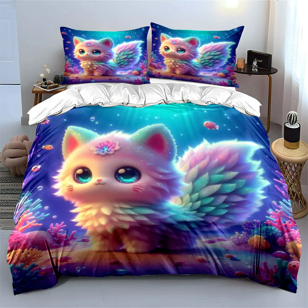 Fantasy Underwater Fairy Cat Duvet Cover Set with 3D Printing Design Soft Polyester Bedding Set All-Season Comfort for gifts