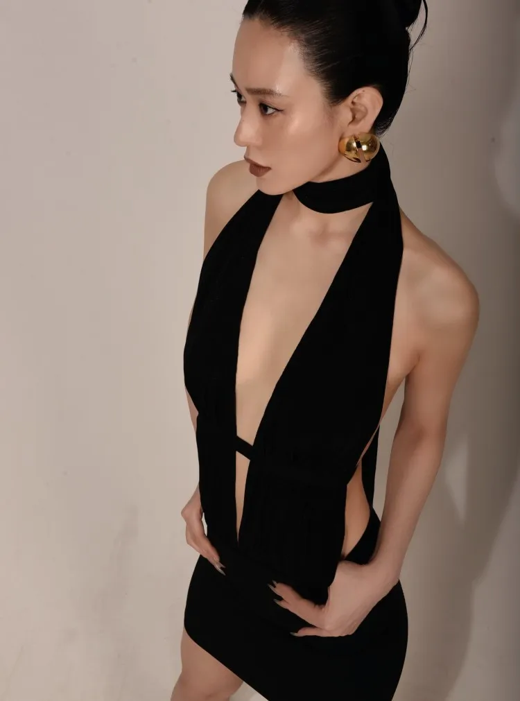 Original Niche Design Ribbon Knotted Backless Slim Fit Black Sexy Hot Girl Short Dress Dinner Party Suit