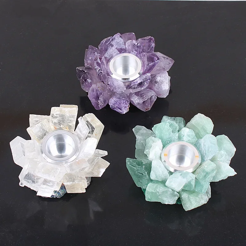 Natural Crystal Cluster Tealight Candle Holder Flourite Amethyst Stone Candlestick Energy Healing Calming Effects Wedding Decor