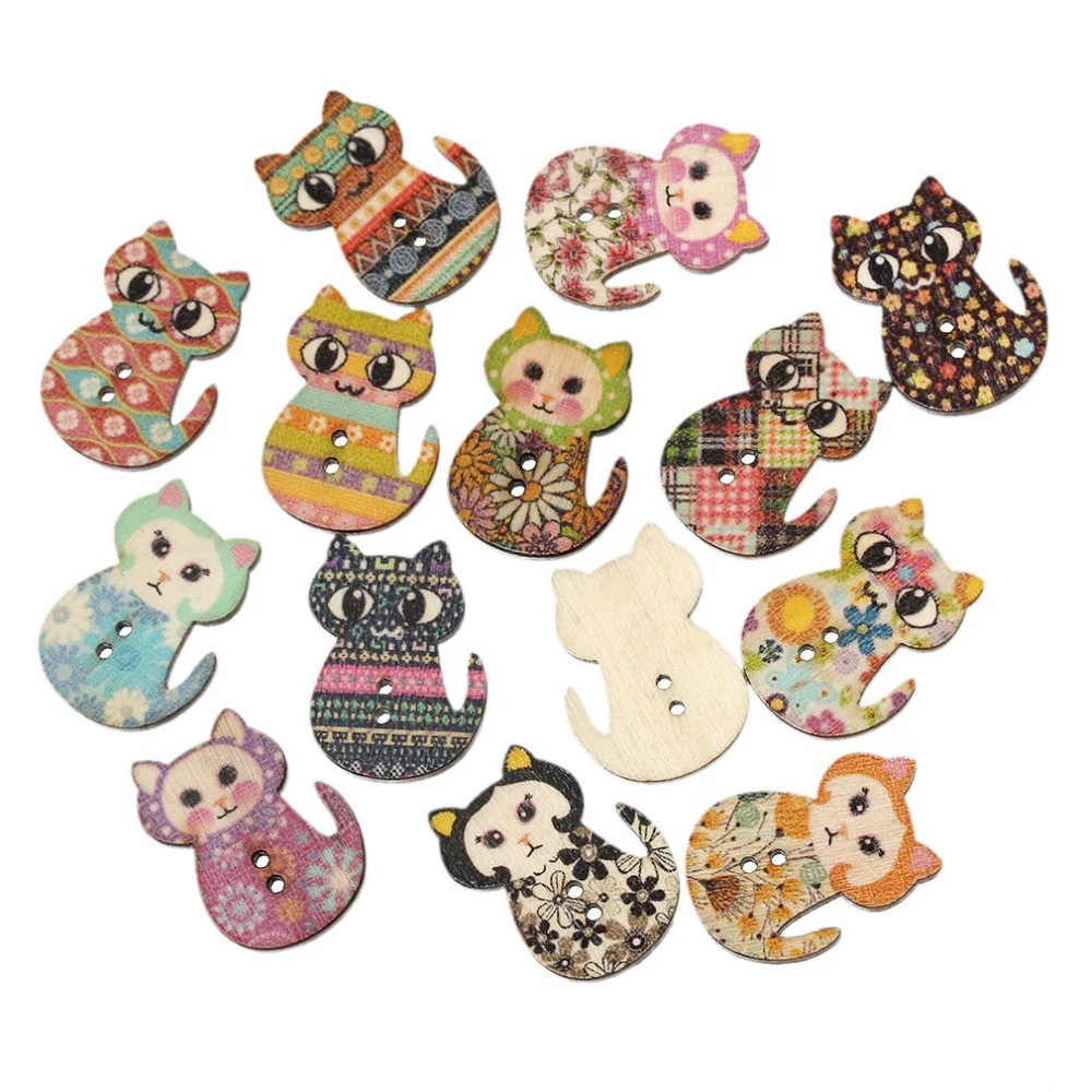 50 PCS/Lot Multicolored Cat Shape 2 Holes Wooden Buttons For Clothing Sewing and Crafting DIY Clothing Sewing Accessories