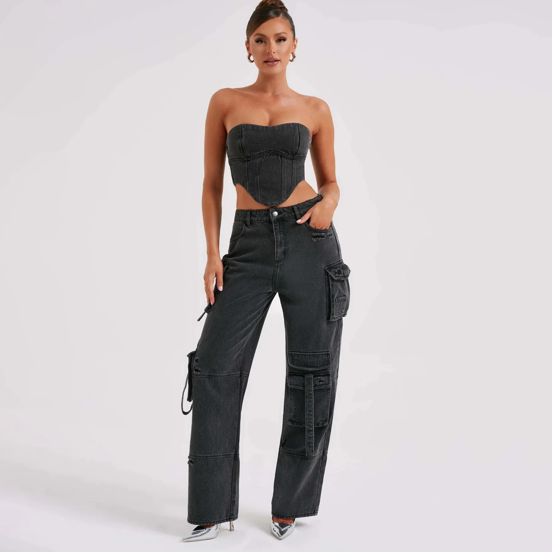 

American Low Rise Three-Dimensional Pocket Splicing Jeans For Women's Autumn 2024 New Strapless Vest+Pants Two-Piece Set