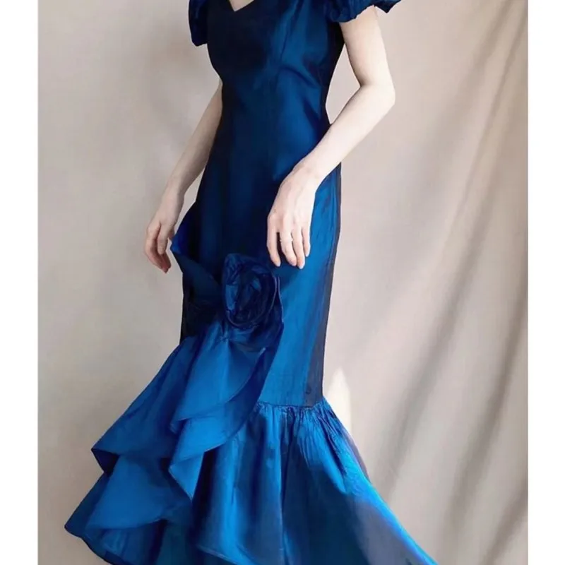 Tea Break Temperament Small Sense Long Skirt Blue Satin Ice Silk Dress