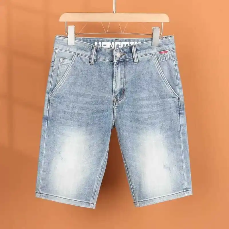 

Summer Stretchy Light Color Simple Men's Slim Fit Straight Leg High End Trendy Jeans ort Pants Five-Quarter Length Casual Wear