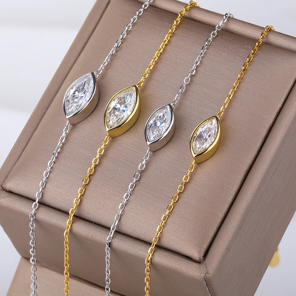 1-2CT Bezel Set Moissanite Solitaire Bracelet for Women 925 Sterling Silver Marquise Cut Diamond Charm Hand Chain Dainty Jewelry
