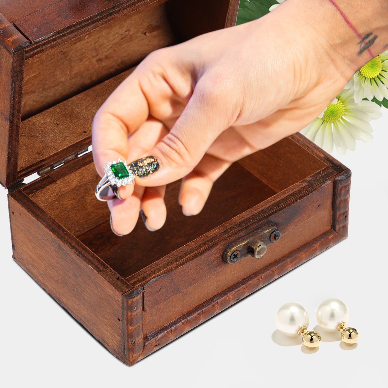 

1PCS Retro Wood Jewelry Box Seashell Earring Storage Container Handle Vintage Wooden Case for Necklace Ring Home Bedroom