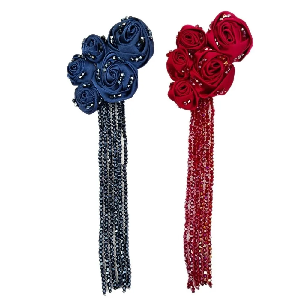 Satin Material Fabric Flower Appliques Tassel Details Crystal Beads Hand-Sewn Embellishments Rose Design Multi-use