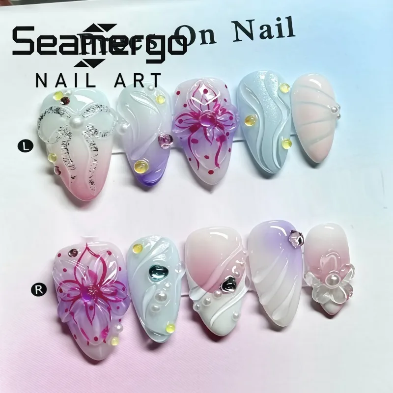 

24PCS Pink Purple Gradient French False Nails 3D Flower Bow Colorful Decor Fake Nails for Spice Girls Blue Almond Nails Press On