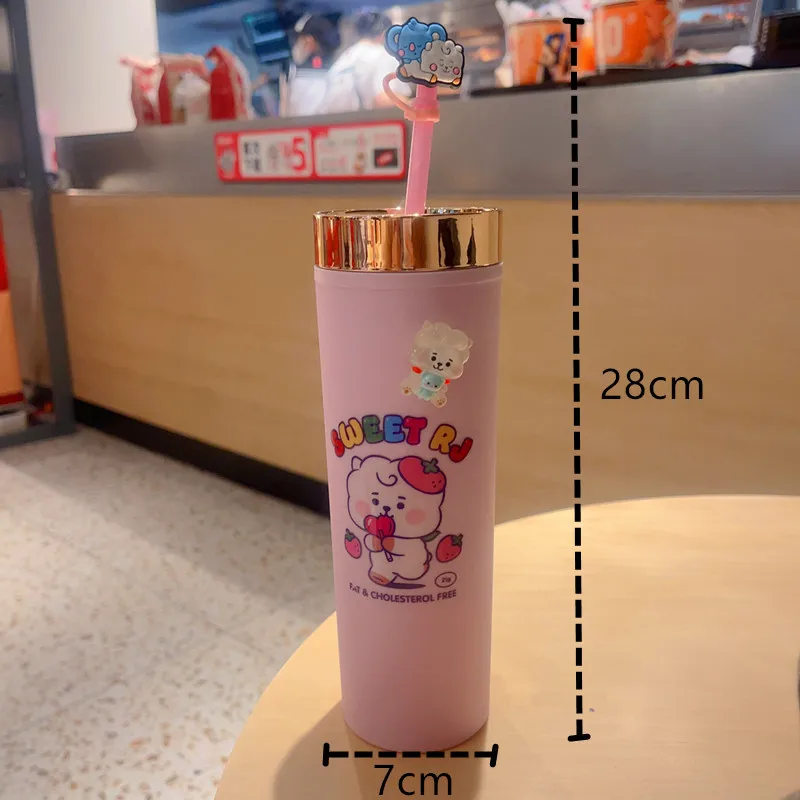 Kawaii Bt21Ed Anime Pp Environmental Protection Material Double-Layer Straw Cup Cute Cartoon Large-Capacity Accompanying Cup