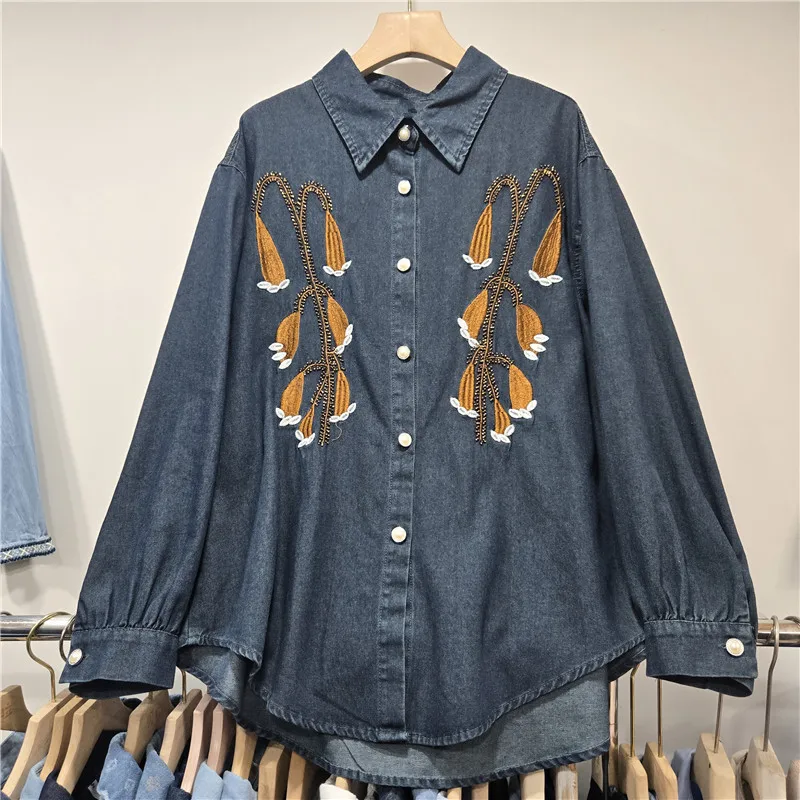 ANJY 2026 Spring New Women European Fashion Elegant Embroidered Design Denim Shirt Unique Chic Ins Beautiful Trend Casual A18341