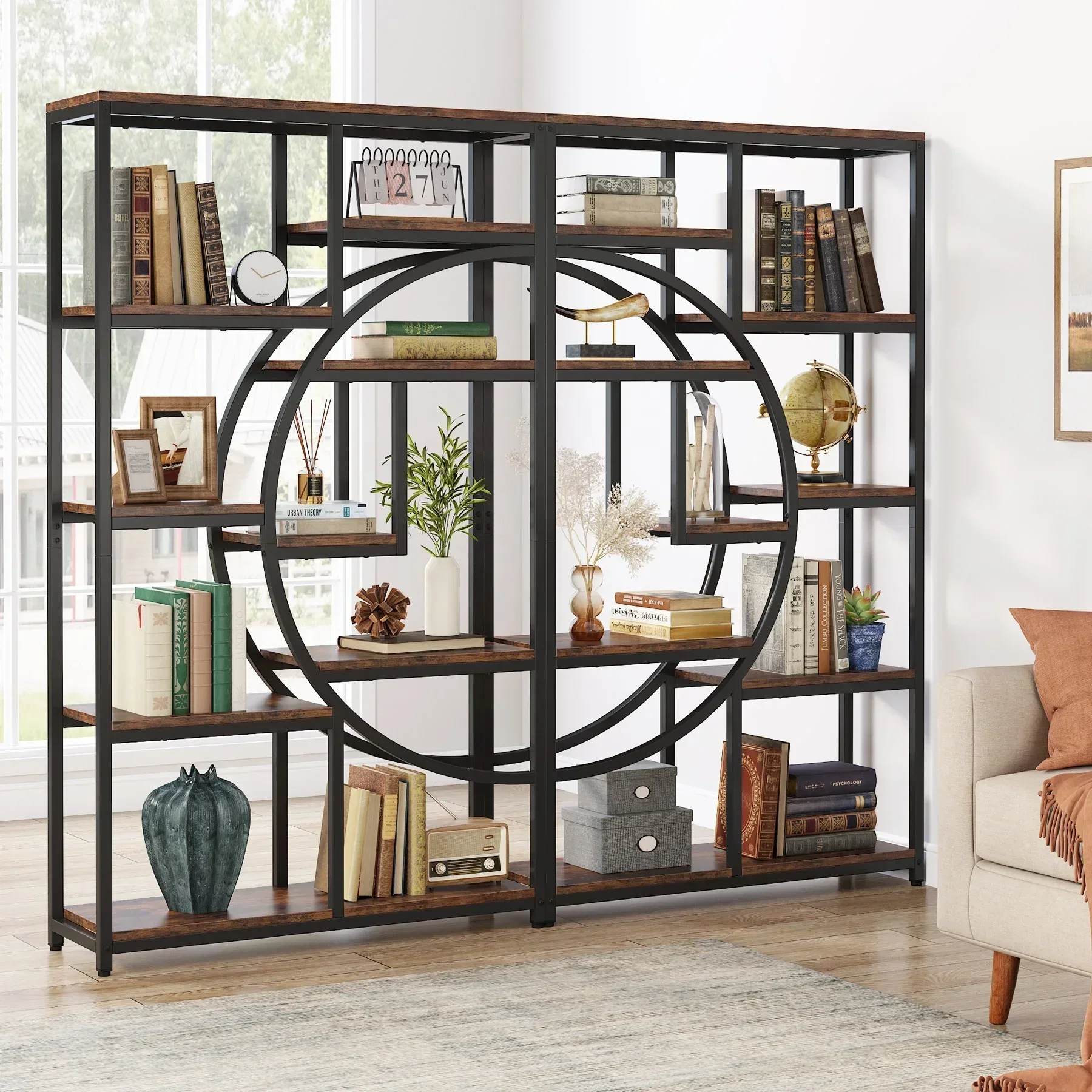 Modern Industrial Freestanding Rack 5 TIER for Living Room for Industrial Anti-Tip Design Floor Protection Non-Slip Feet
