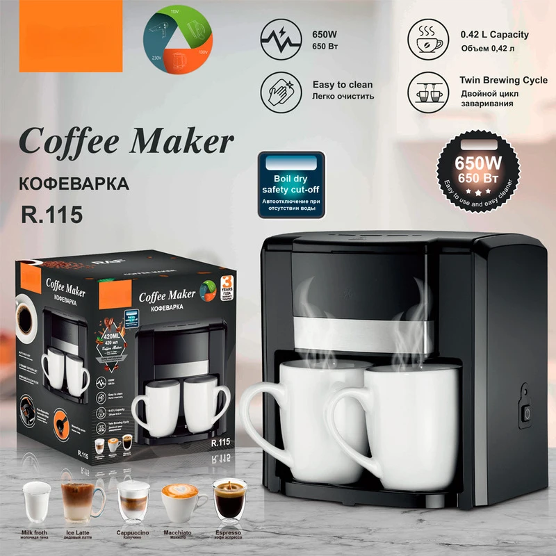 Home Use Small Semi-Automatic Coffee Machine American Drip Coffee Maker Double Cup Automatic Moka Pot
