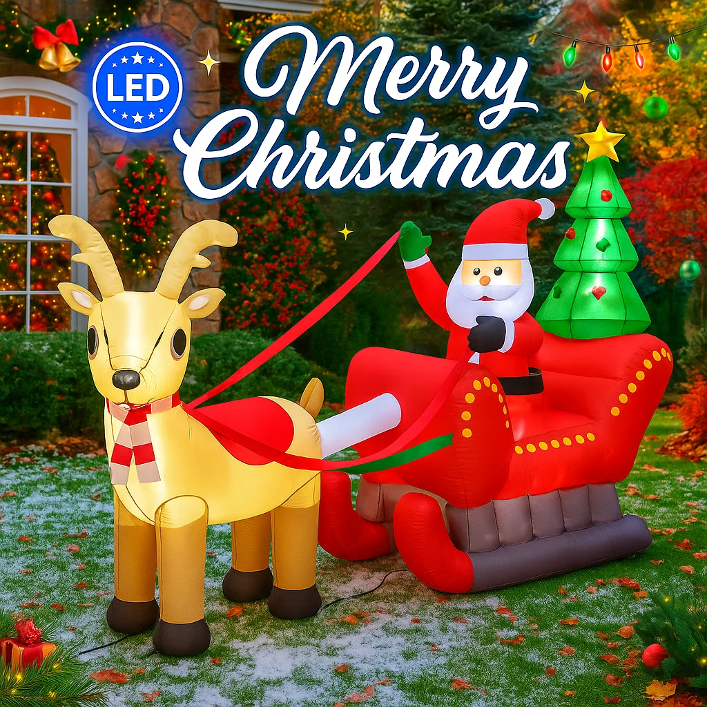 7.87フィートの巨大なクリスマスインフレータブルサンタクロースおもちゃ、LEDライト付きそりとトナカイ、クリスマスの庭の装飾、ホームパーティー用品、オーナメント