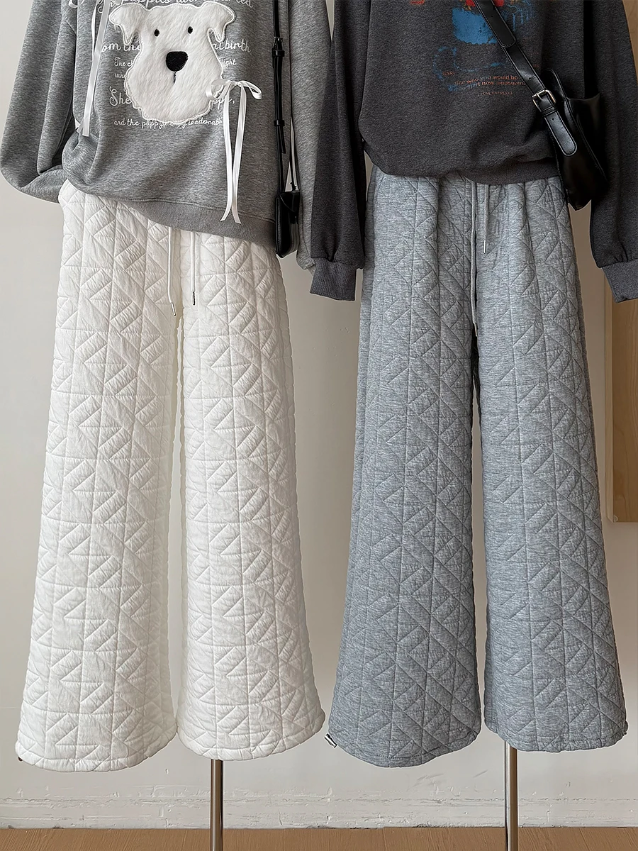 Women's Autumn Winter Quilted Cotton Padded Thick Warm Wide Leg Pants Lady Casual Drawstring Waist Loose Full Length Pants