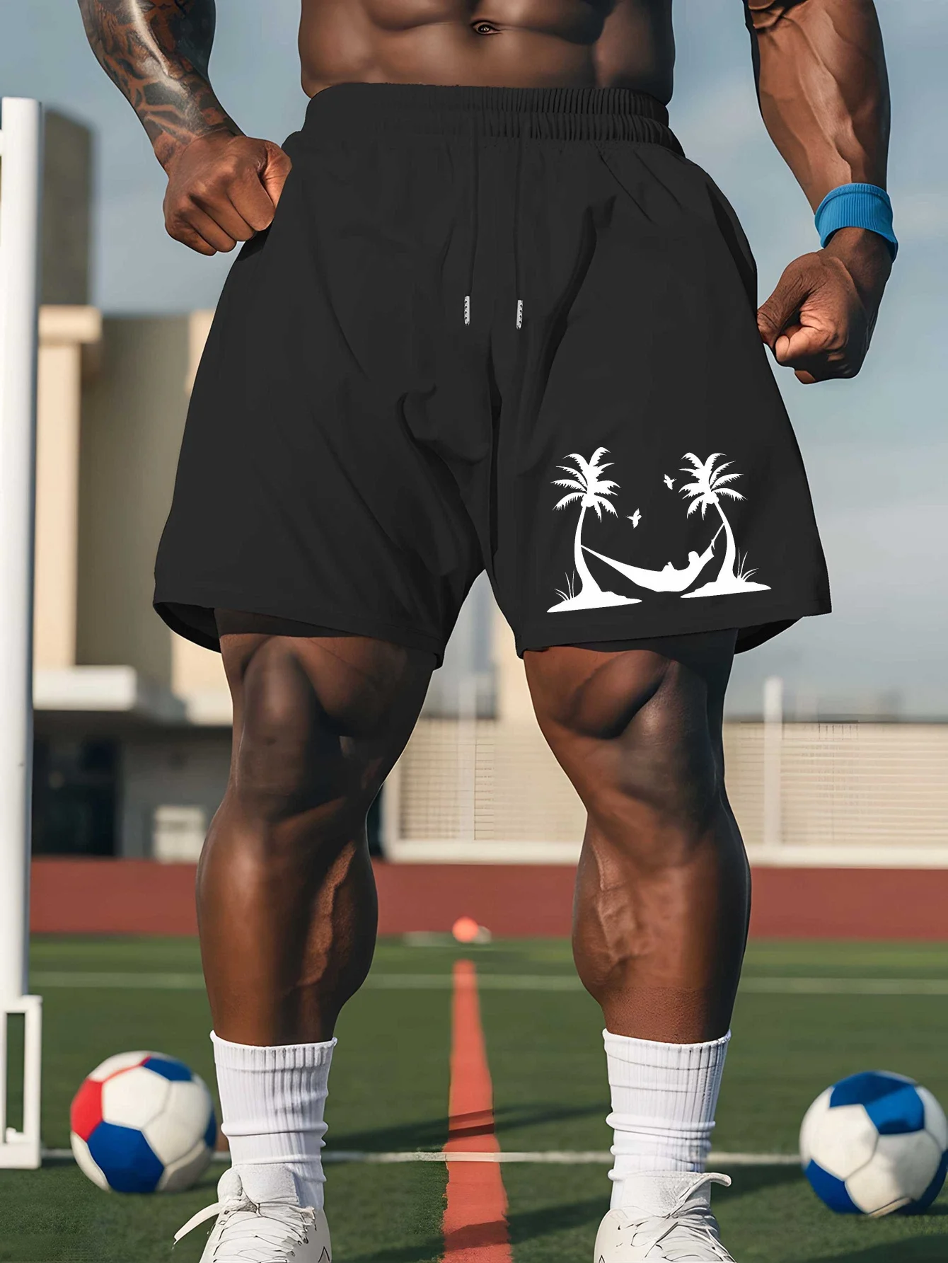 شورت شاطئ كاجوال للرجال لعام 2025 بلون سادة وشجرة النخيل الاستوائية قماش صيفي قابل للتنفس مناسب للأنشطة الخارجية