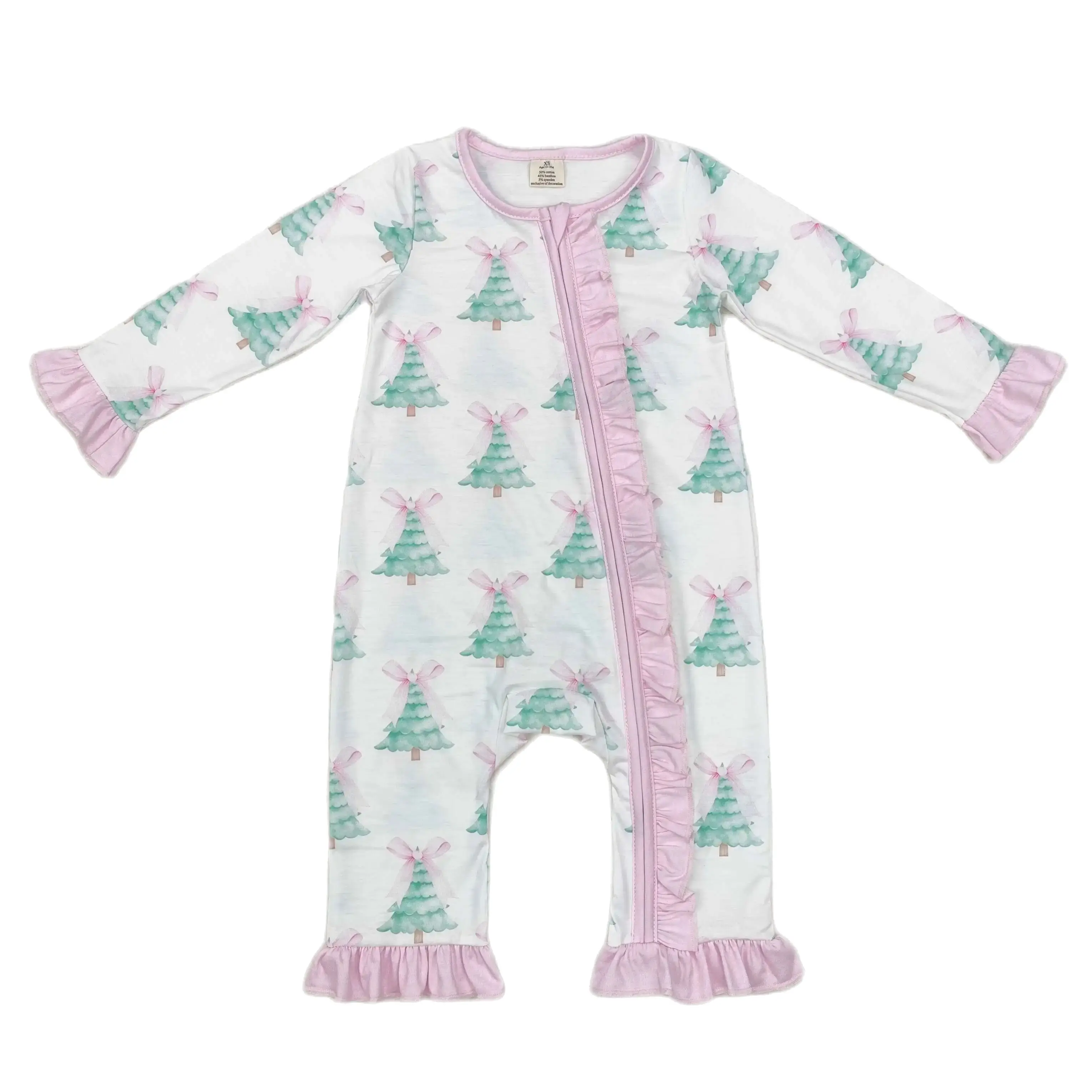 Wholesale Kids Children Infant Jumpsuit RTS Baby Girl Long Sleeves Christmas Newborn Toddler Pink Ruffle Zipper One Piece Romper