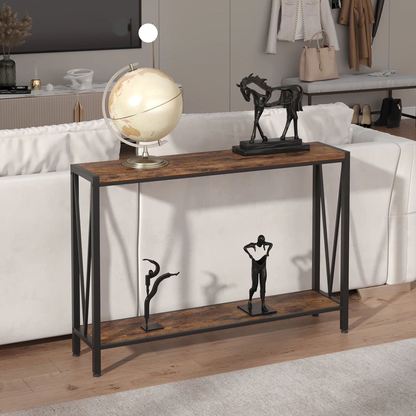 2-Tier Industrial Console Table Entryway Table Skinny Sofa Table with Shelf for Entryway Living Room Hallway Foyer Corridor