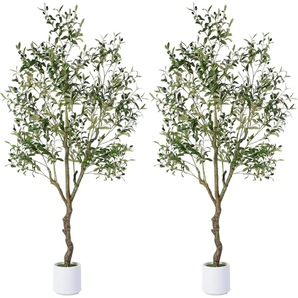 Olivo artificial de 6 pies, planta de seda falsa para interiores con tronco realista, hojas, frutas y macetero blanco, árbol falso en maceta para H