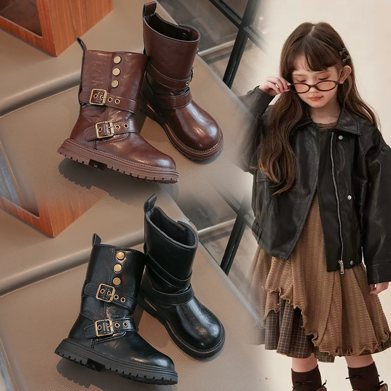JGSHOWKITO Kids Fashion Boots for Boys Girls Classic with Buckles Autumn Winter Warm Rubber Sole Children Long Boots Size 28-37
