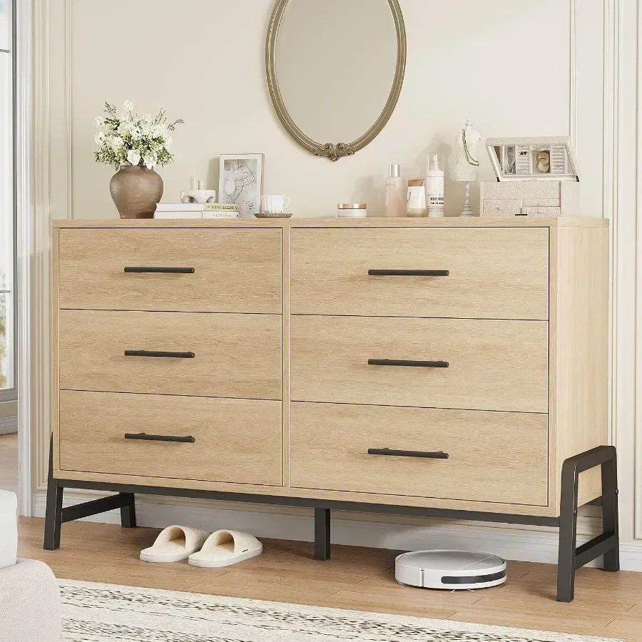 6 Dresser for Bedroom, 52 in Wide Drawer with Large Storage Space, Freestanding Wooden Closet Storage Dresser Chest for Living