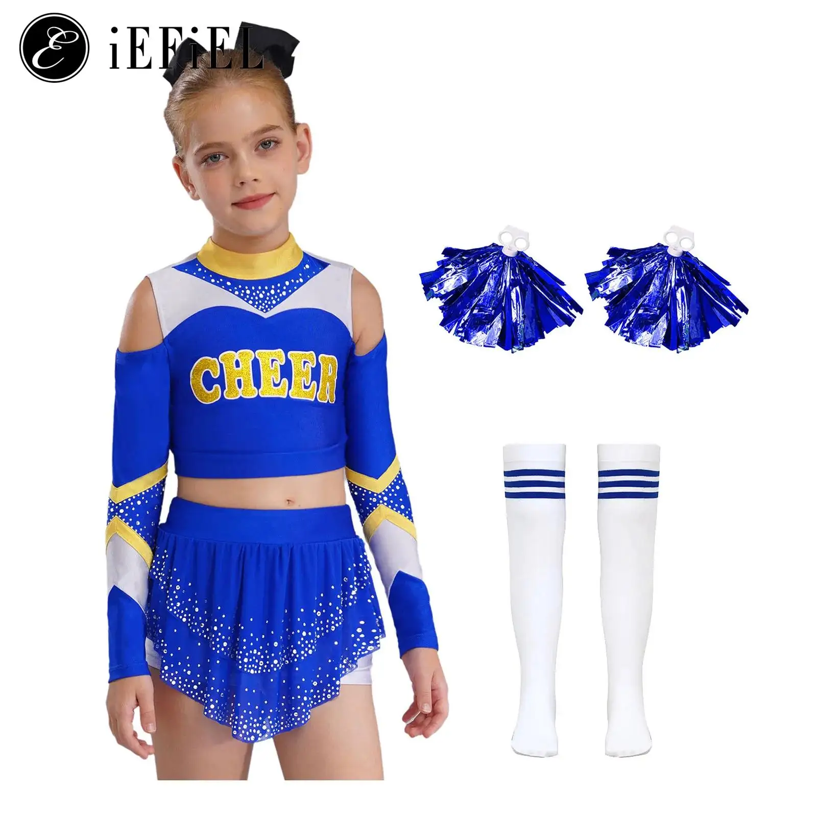 

Girls Cheerleader Costume High School Cheer Team Uniform Outfit Crop Top with Ruffles Skirts Carnival Muscial Show Dress-up