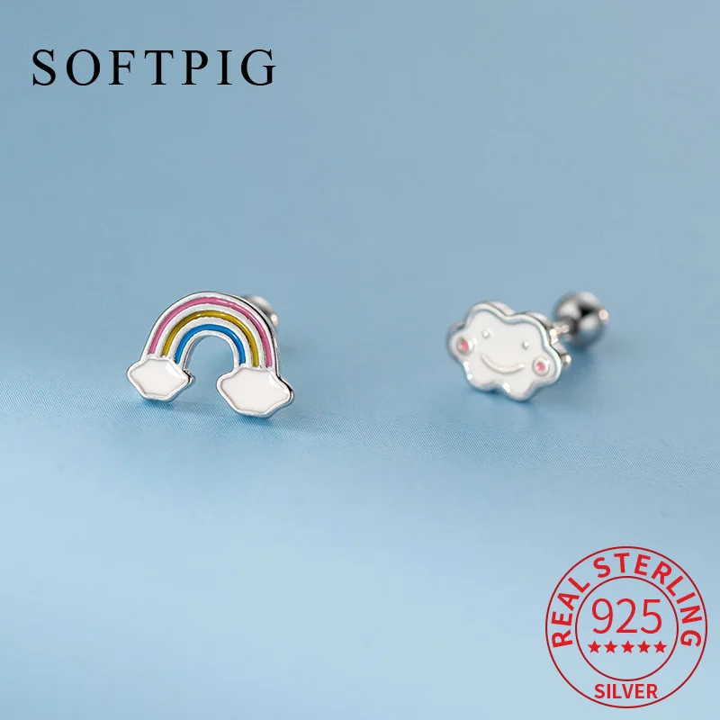

SOFTPIG Real 925 Sterling Silver Cloud Rainbow Asymmetry Stud Earrings for Women Cute Fine Jewelry Advanced Accessories
