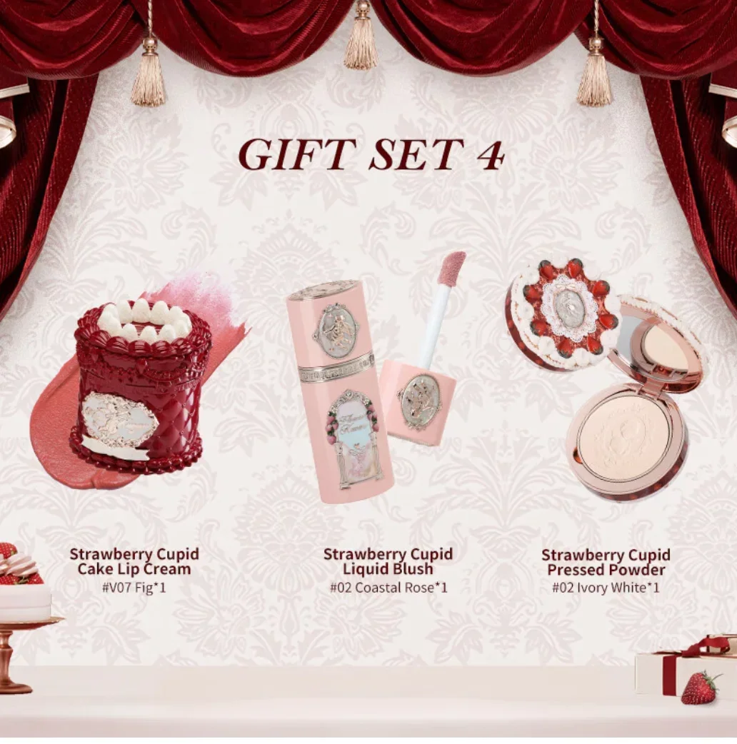 Flower Knows Set Strawberry Cupid Series powder blusher Makeup Set Lip Mud Velvet Matte Silky Smooth Lipstick