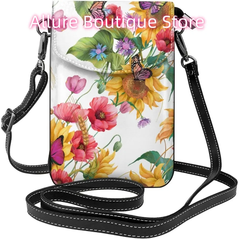 

Забавная сумка через плечо с подсолнухом и бабочкой для женщин, маленькая дорожная сумка из искусственной кожи для мобильного телефона, легкий мини-кошелек для телефона, кошелек