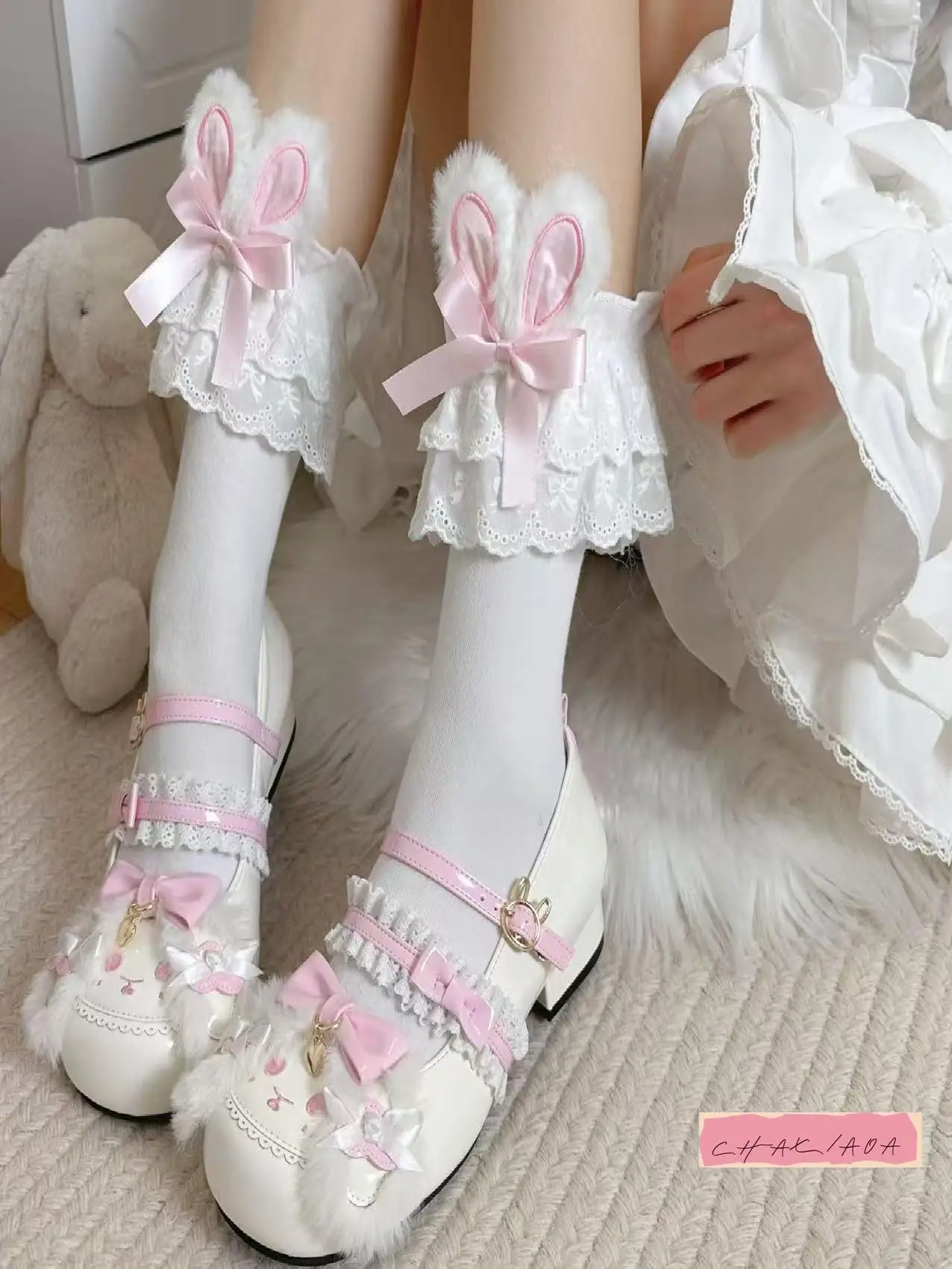 

Japanese Harajuku College Style Lolita Rabbit Ear Tube Socks Double Lace Lace Socks JK Bow Lolita Sweet Kawayi Socks Women